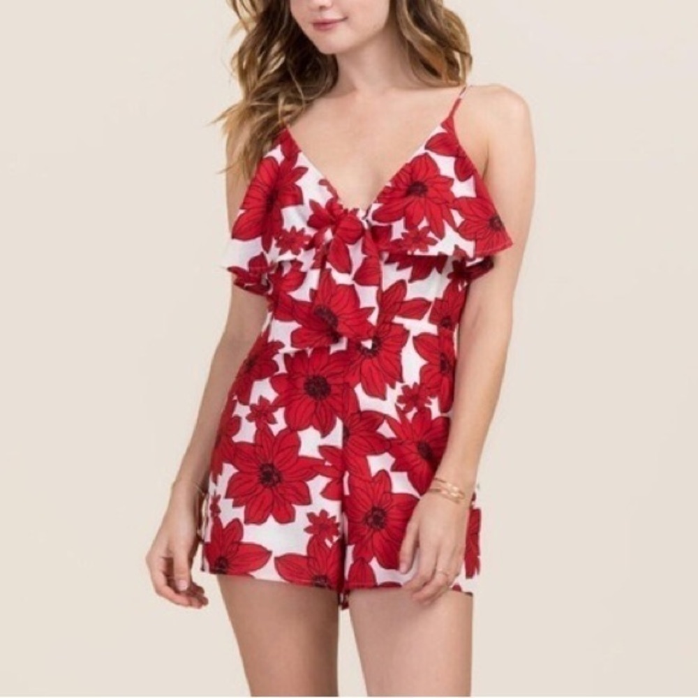 New Blue Rain White and Red Floral Ruffle Tie Sleeveless Romper | Medium